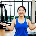 **

A cheerful Japanese woman, *fully clothed* in comfortable workout attire, demonstrating a light exercise routine in a bright, modern community center. *Safe for work*. She is smiling encouragingly. The background includes exercise equipment and other participants. *Appropriate content*, *professional* fitness instructor look, *perfect anatomy*, *correct proportions*, *natural pose*, well-formed hands, proper finger count, natural body proportions, *modest clothing*.

**