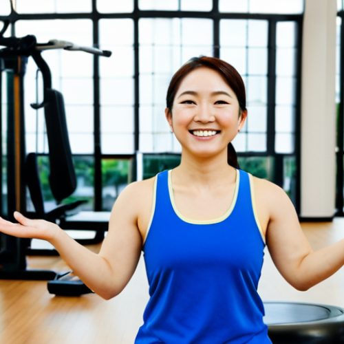**

A cheerful Japanese woman, *fully clothed* in comfortable workout attire, demonstrating a light exercise routine in a bright, modern community center. *Safe for work*. She is smiling encouragingly. The background includes exercise equipment and other participants. *Appropriate content*, *professional* fitness instructor look, *perfect anatomy*, *correct proportions*, *natural pose*, well-formed hands, proper finger count, natural body proportions, *modest clothing*.

**