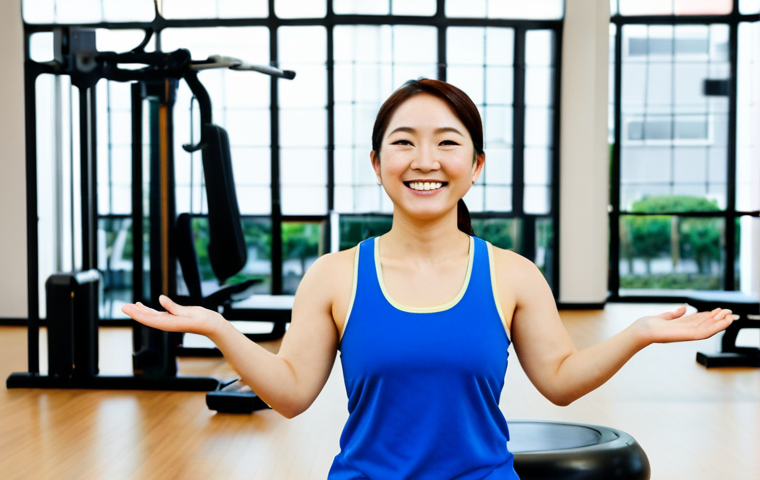 **

A cheerful Japanese woman, *fully clothed* in comfortable workout attire, demonstrating a light exercise routine in a bright, modern community center. *Safe for work*. She is smiling encouragingly. The background includes exercise equipment and other participants. *Appropriate content*, *professional* fitness instructor look, *perfect anatomy*, *correct proportions*, *natural pose*, well-formed hands, proper finger count, natural body proportions, *modest clothing*.

**