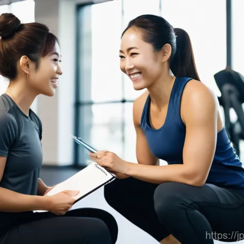 생활체육지도사 직무 능력 테스트 - **Prompt:** A personal trainer, a cheerful Japanese woman in her late 20s, with a warm and approacha...