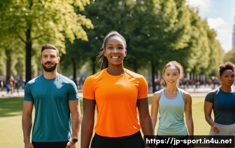 생활체육지도사 해외 취업 가능성 - A professional lifestyle sports instructor leading a diverse group of adults in an outdoor fitness c...