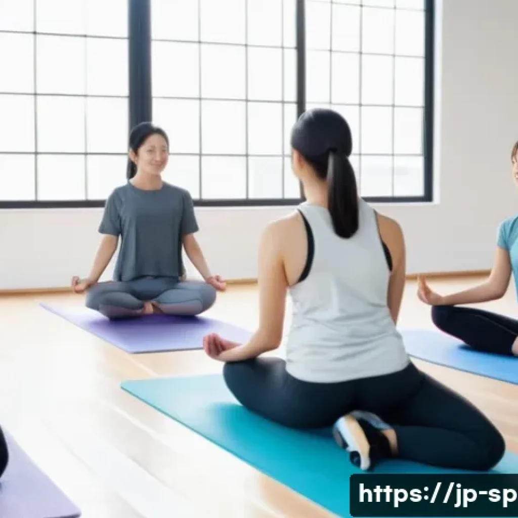 생활체육지도사와 실무 관리 팁 - A modern Japanese fitness class scene in a bright, spacious studio with natural light streaming in t...
