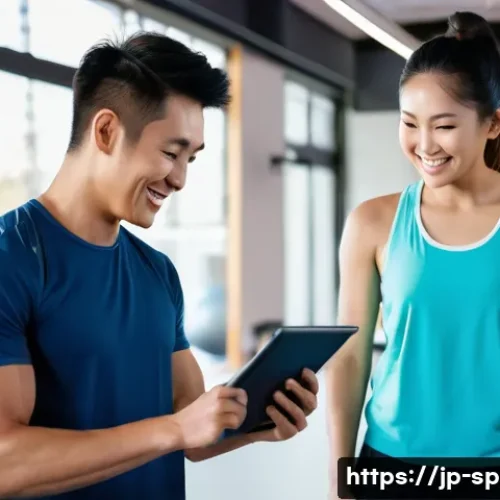 생활체육지도사와 고객 상담 사례 - A modern Japanese personal trainer and client in a bright, minimalist gym setting, discussing a deta...