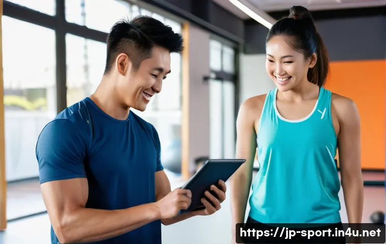 생활체육지도사와 고객 상담 사례 - A modern Japanese personal trainer and client in a bright, minimalist gym setting, discussing a deta...
