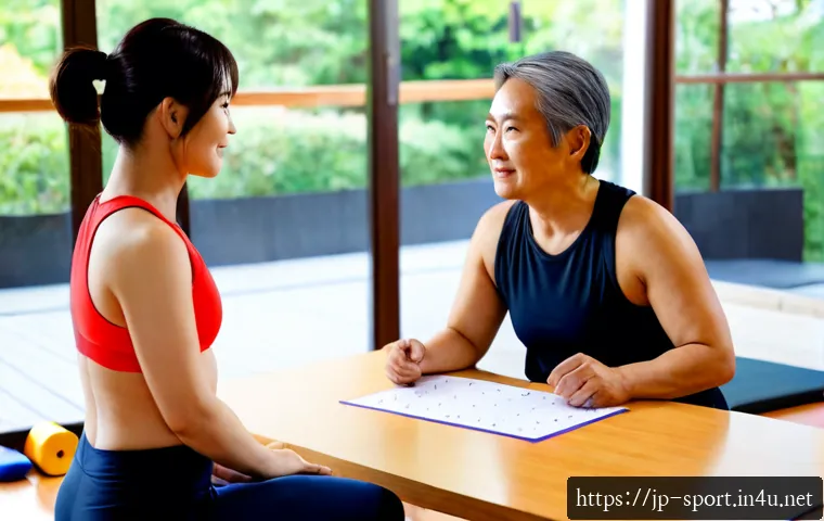생활체육지도사와 운동 목표 설정 - Photorealistic Japanese community sports instructor consulting with a middle-aged woman in a bright ...