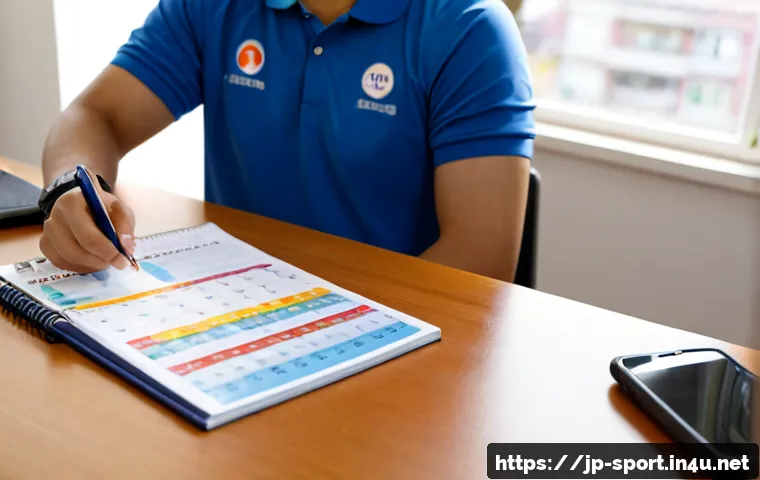 생활체육지도사와 업무 일정 관리법 - Photorealistic Japanese community sports instructor in a neat athletic polo shirt planning a weekly ...
